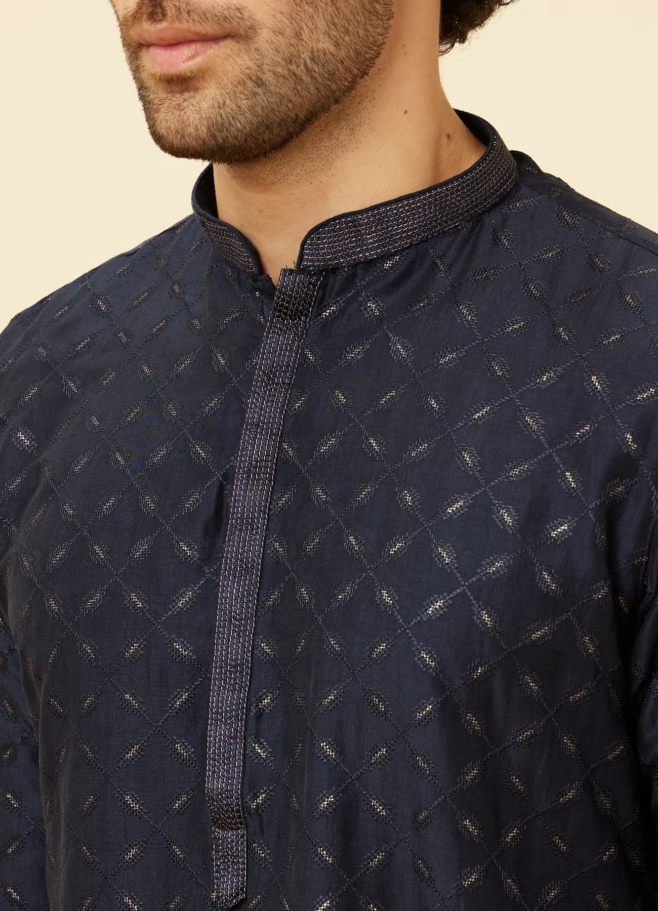 Navy Blue Shimmery Lattice Patterned Kurta Set