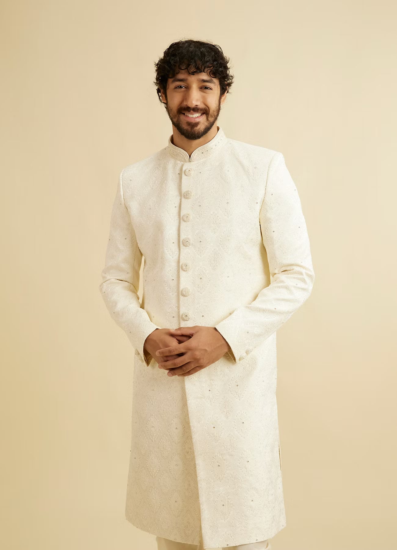 Manyavar Warm White Medallion Patterned Sherwani Set | Ready To Wear
