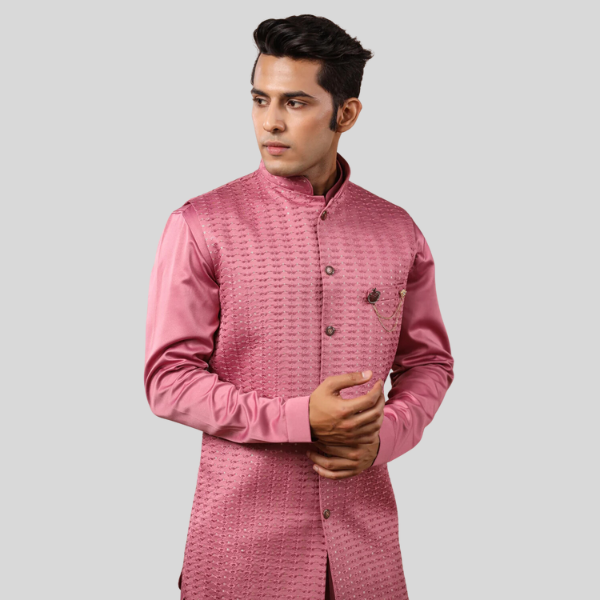 Onion Color Embroidery Long Jacket with Kurta Pajama