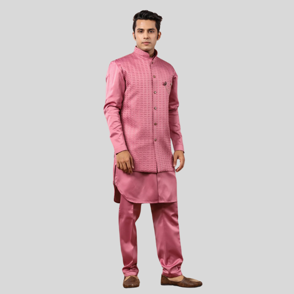 Onion Color Embroidery Long Jacket with Kurta Pajama