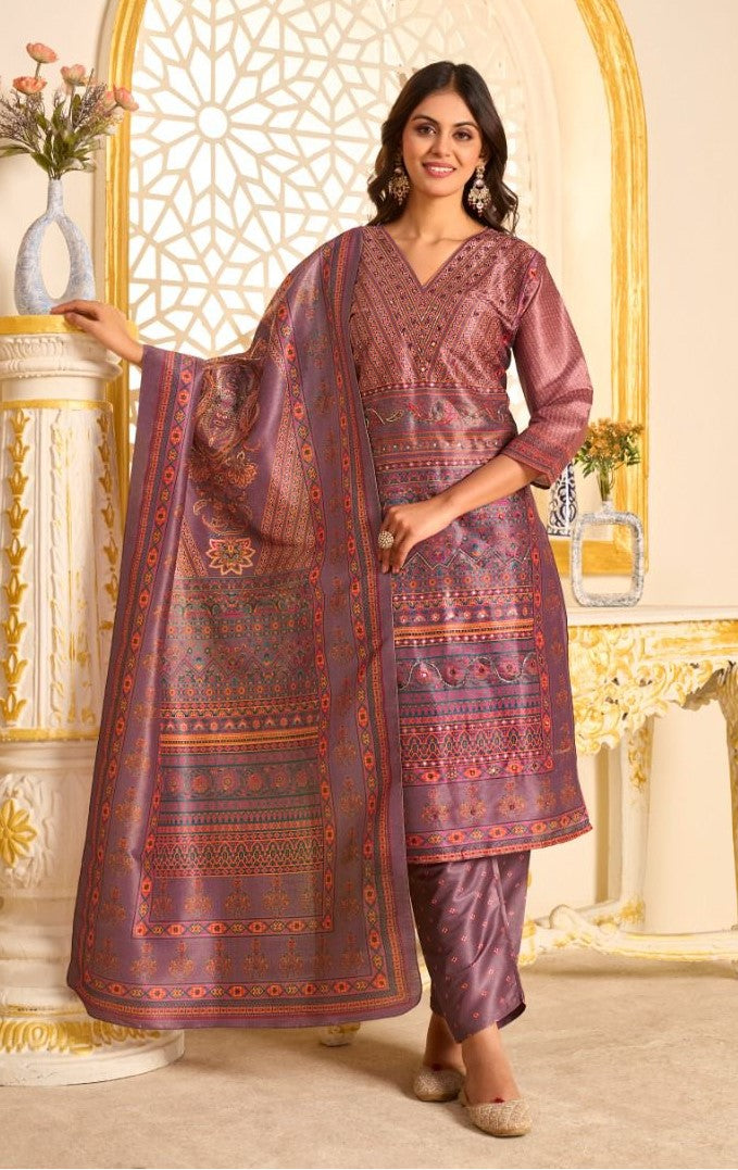 Pure Heavy German Silk Gorgeous 3 Piece Suit| Ready To Wear| Dusty Mauve Kurta with Heavy Handwork & Digital Print Dupatta