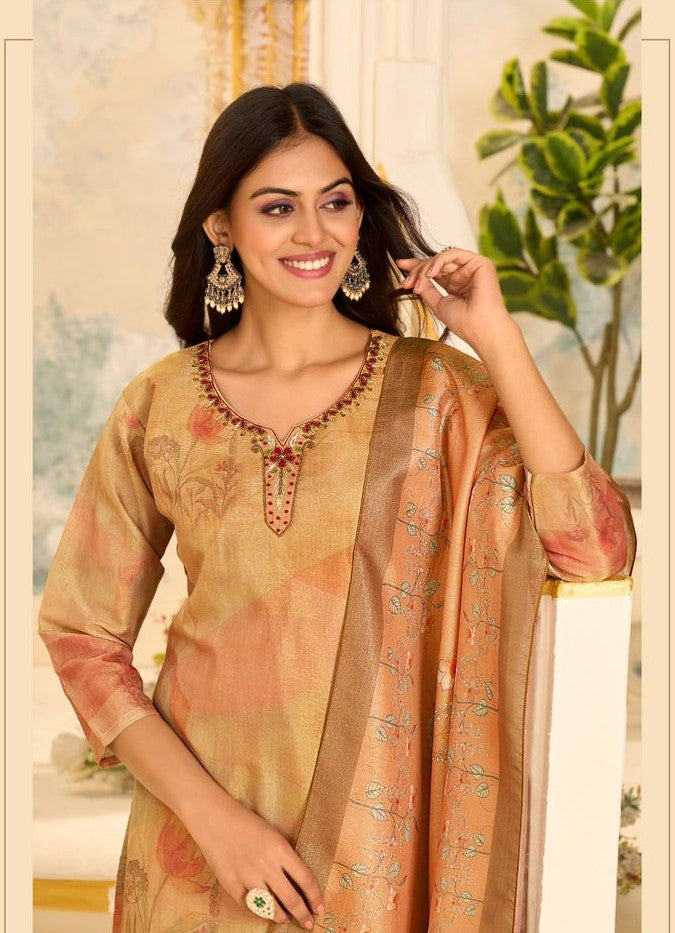 Pure Heavy German Silk Suit With Bottom and Dupatta | Ready To Wear| Silk Kurta in Dusty Metallic Gold with Handwork