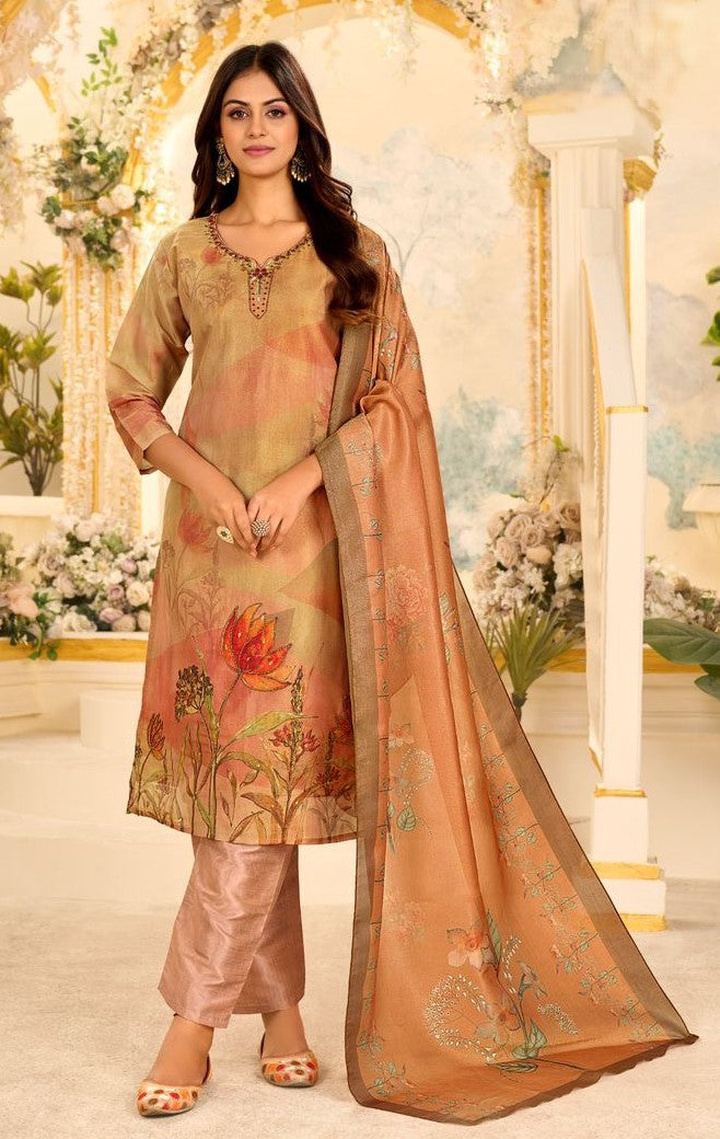 Pure Heavy German Silk Suit With Bottom and Dupatta | Ready To Wear| Silk Kurta in Dusty Metallic Gold with Handwork