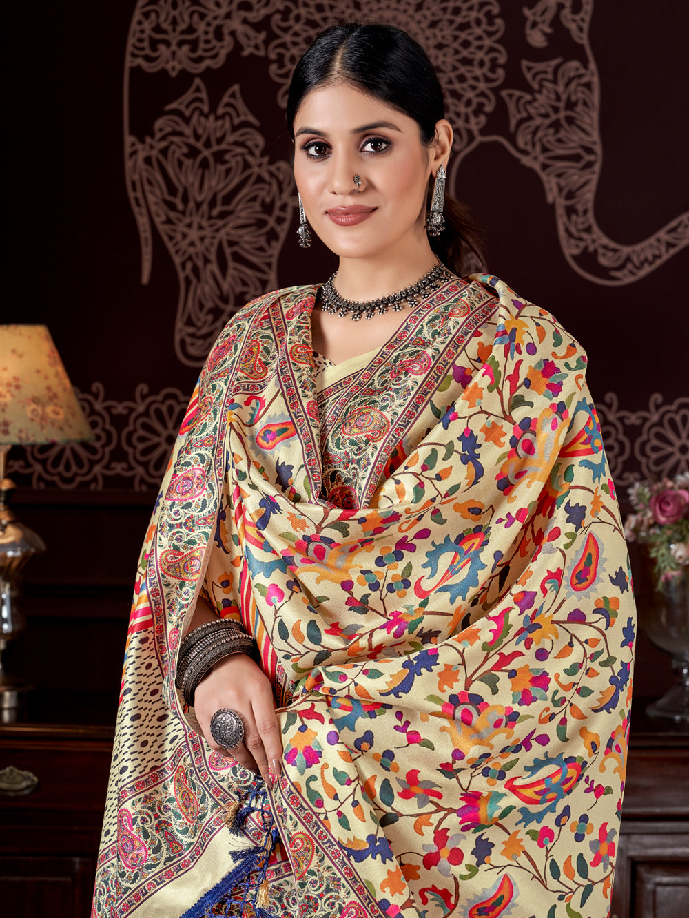 Beige Grace: Artistic Floral Pashmina Saree with Shawl - India shopping