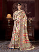 Beige Grace: Artistic Floral Pashmina Saree with Shawl