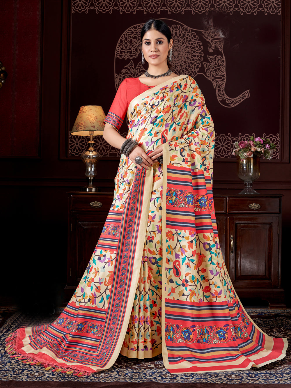 Floral Harmony: Red & Beige Bliss Pashmina Saree with Shawl - India shopping