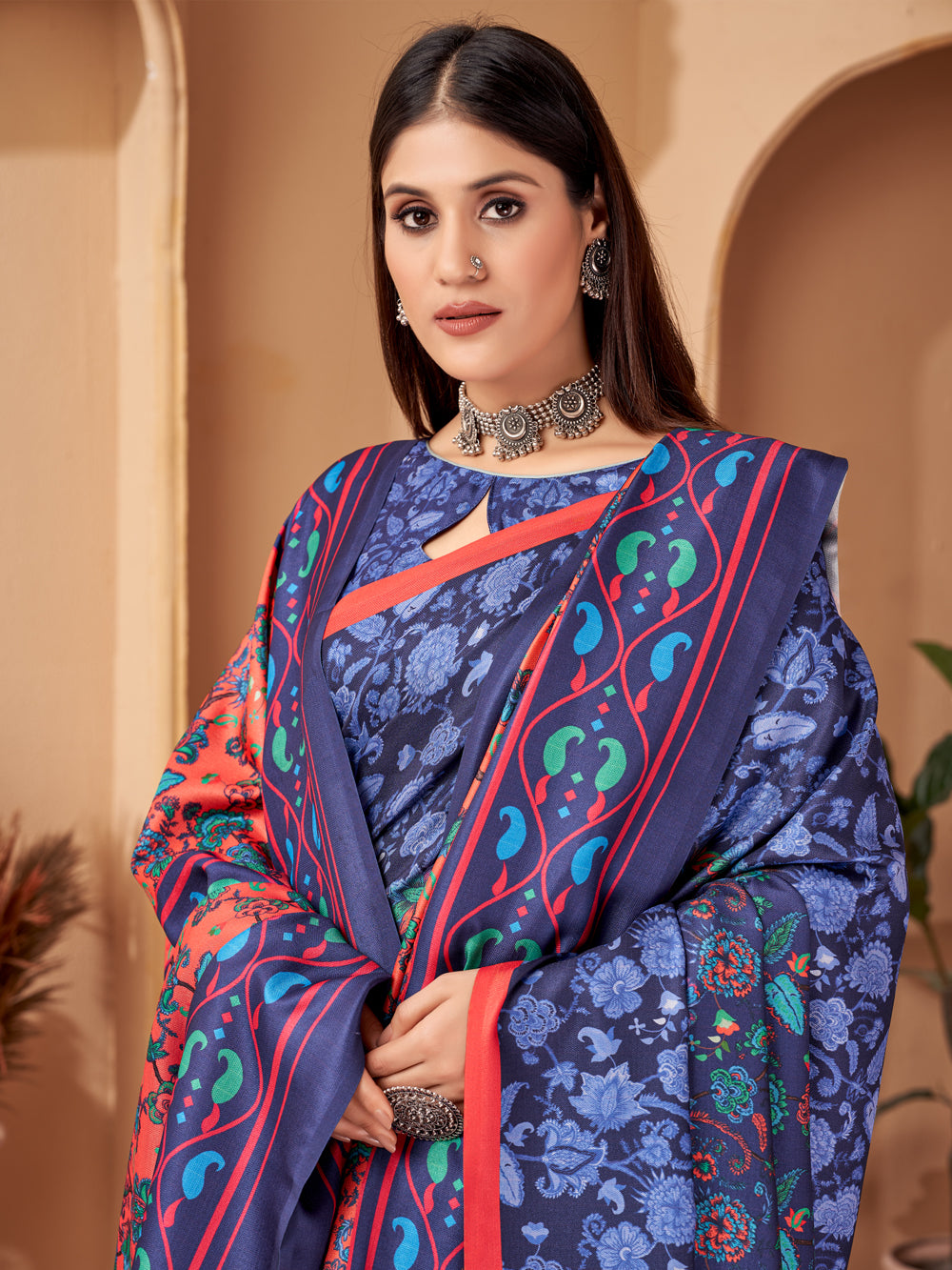 Blossom Serenity: Blue Floral Delight Pashmina Saree & Shawl - India shopping