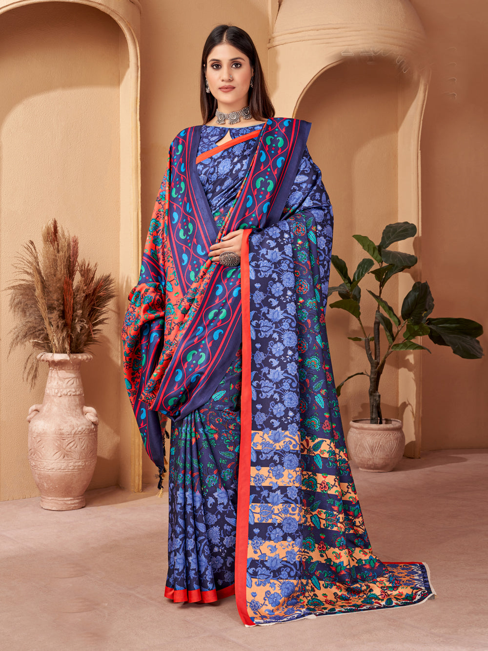 Blossom Serenity: Blue Floral Delight Pashmina Saree & Shawl - India shopping