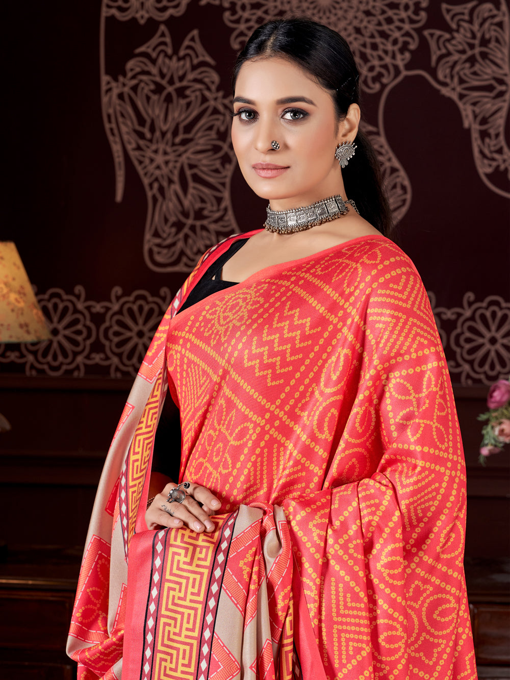 Bold Blossoms: Red Pashmina Saree with Artistic Shawl - India shopping