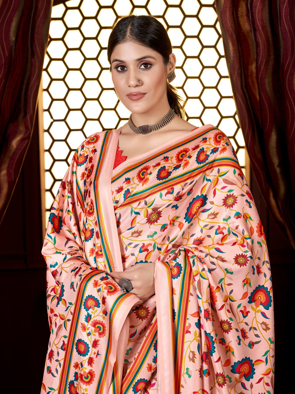 Ivory Bloom: Timeless Floral Pashmina Saree & Shawl - India shopping