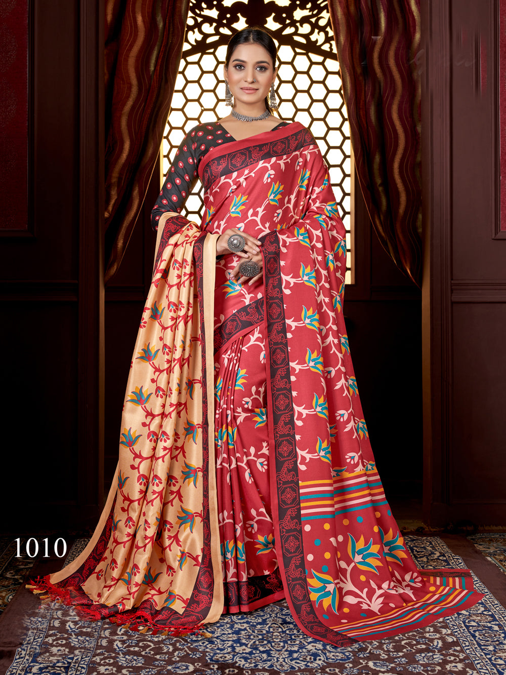 Scarlet Harmony: Red Floral Pashmina Saree & Shawl - India shopping