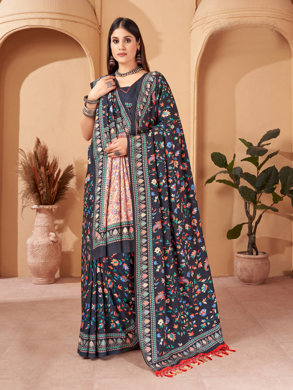 Regal Grace: Vintage Floral Pashmina Saree With Shawl - India shopping