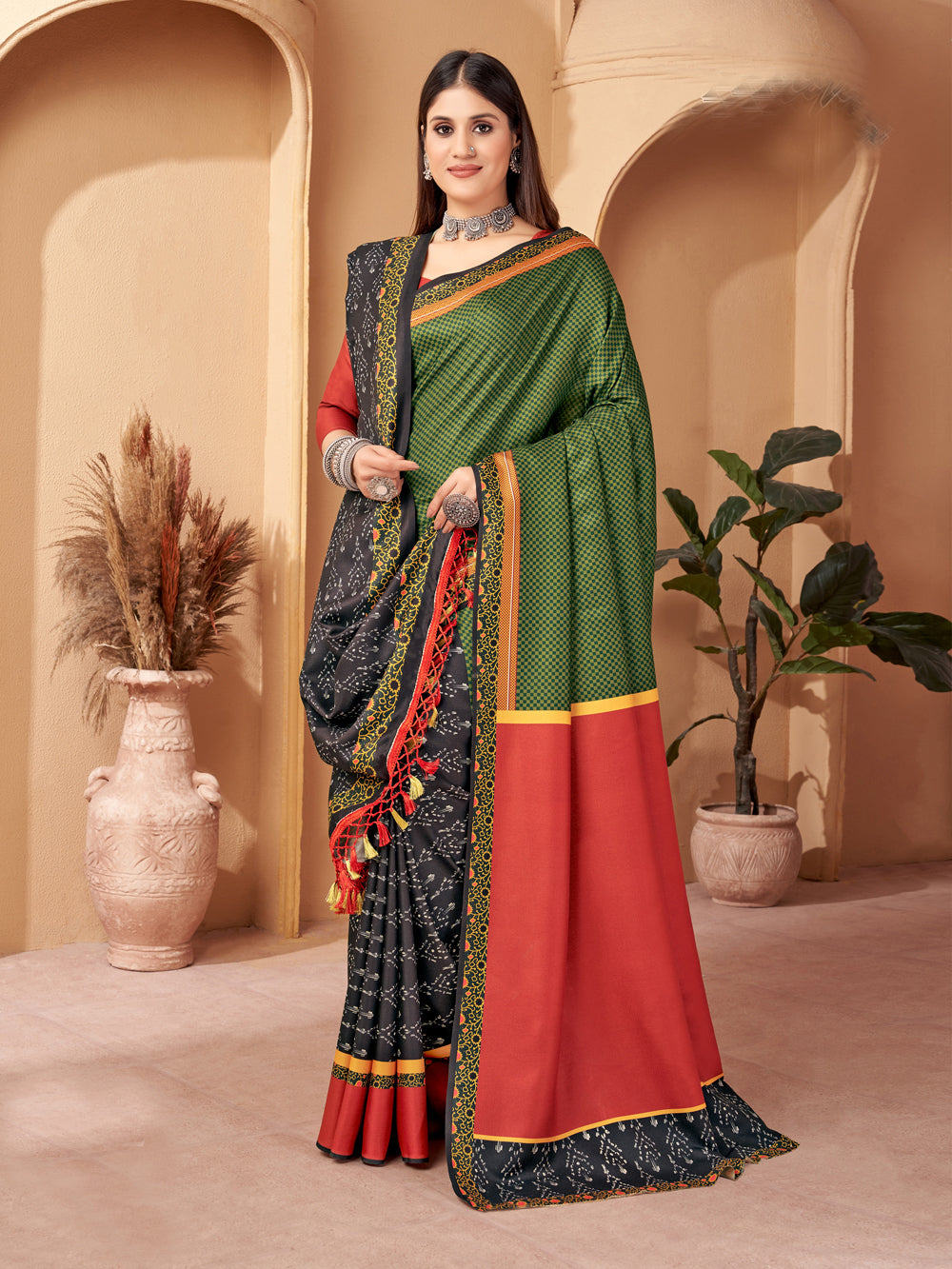 Green Grace: Vibrant Pashmina Saree with Matching Shawl - India shopping