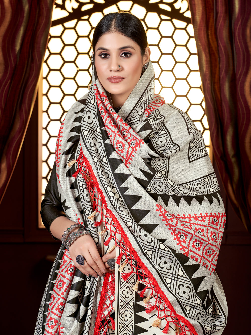 Lines of Elegance: Classic Pashmina Winter Saree & Shawl