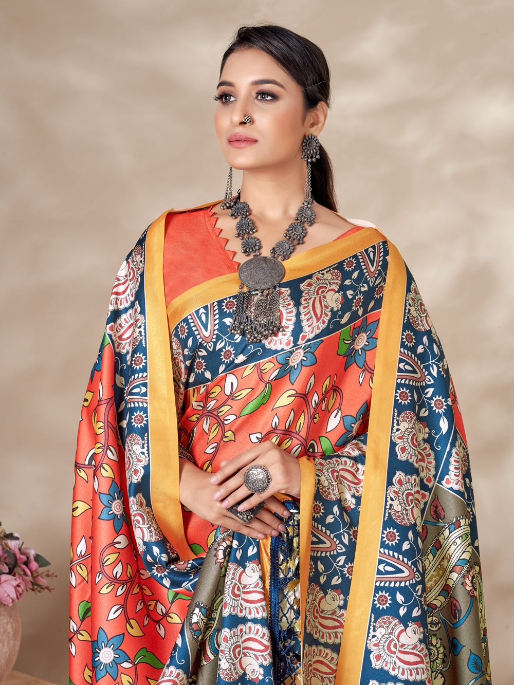 Blossom Elegance: Floral Charm Pashmina Saree with Shawl