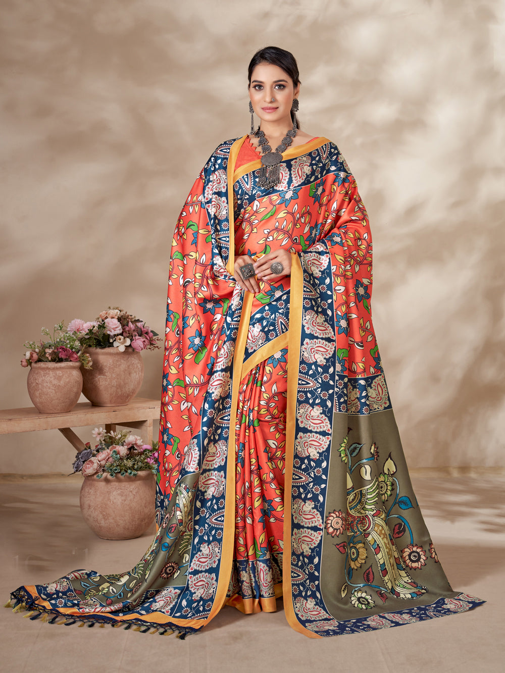 Blossom Elegance: Floral Charm Pashmina Saree with Shawl - India shopping