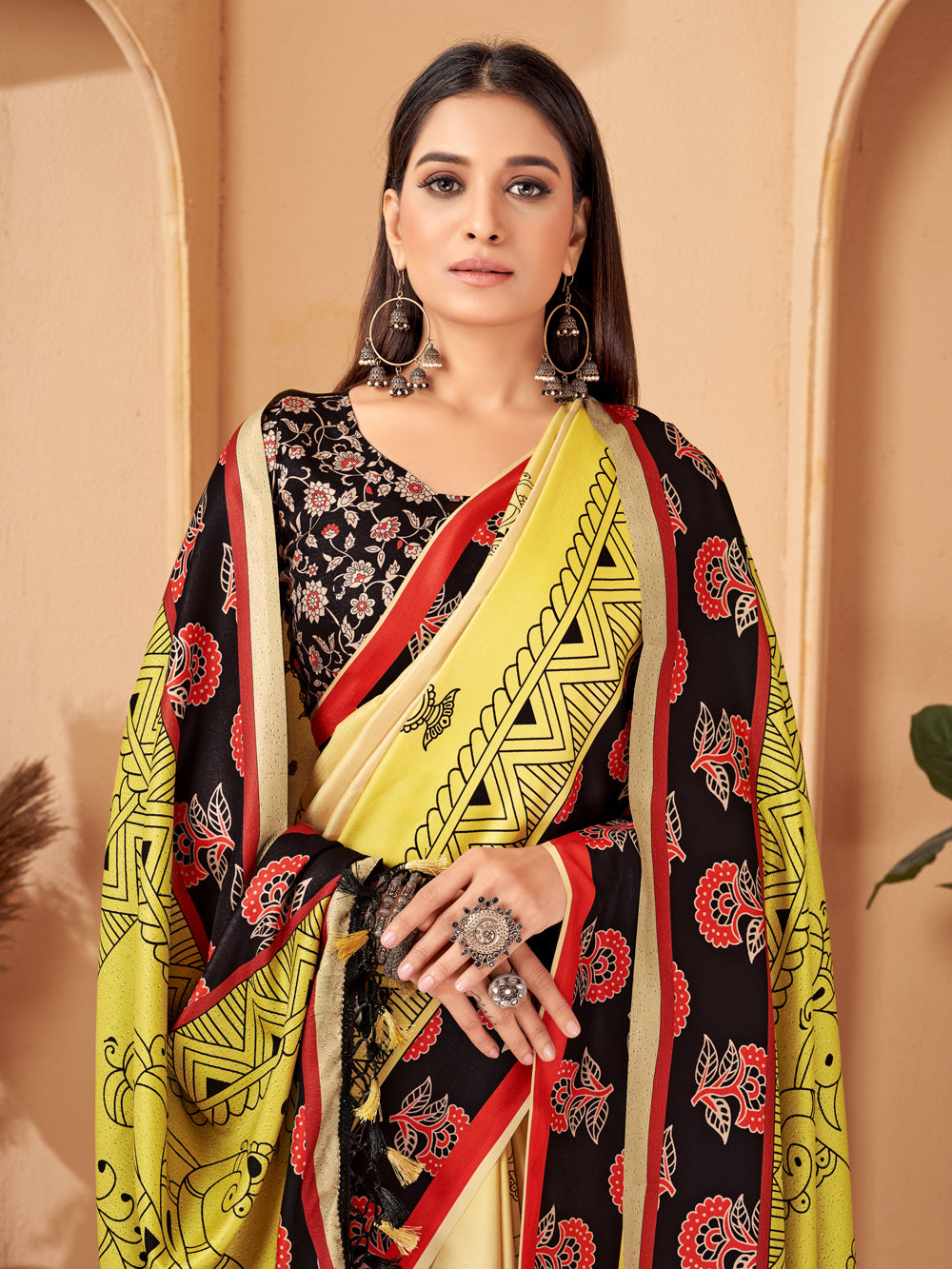 Golden Glow: Tribal Charm Pashmina Saree With Shawl | Ready To Wear