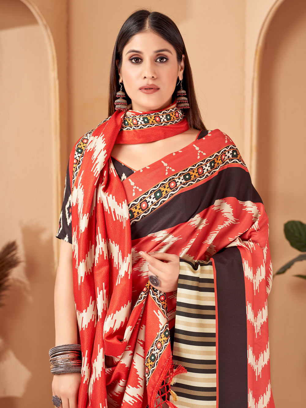 The Graceful Stripe: Contemporary Pashmina Saree & Shawl Set