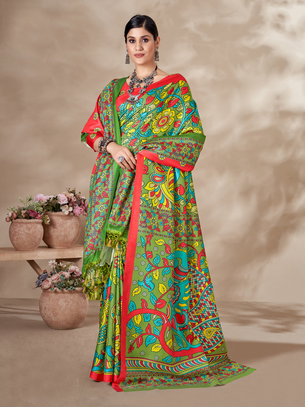 Majestic Floral Aura: Digital Print Pashmina Saree & Shawl Set