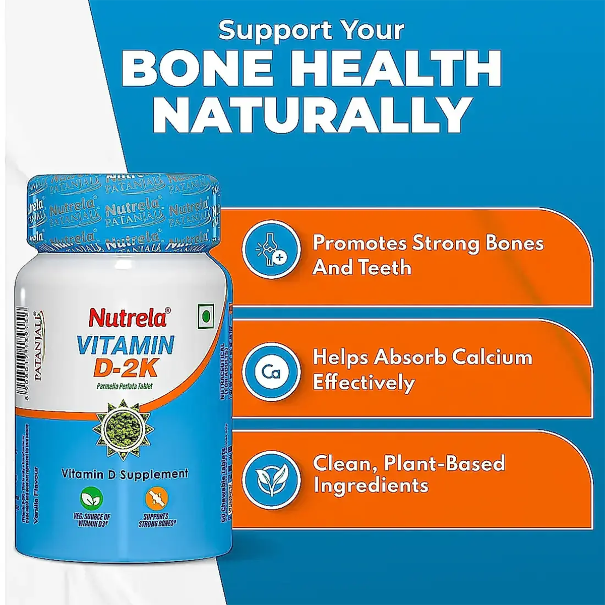 Patanjali  Nutrela Vitamin D-2K Natural - 60 Chewable Tablets for Men & Women - Vanilla Flavor (pack of 3)