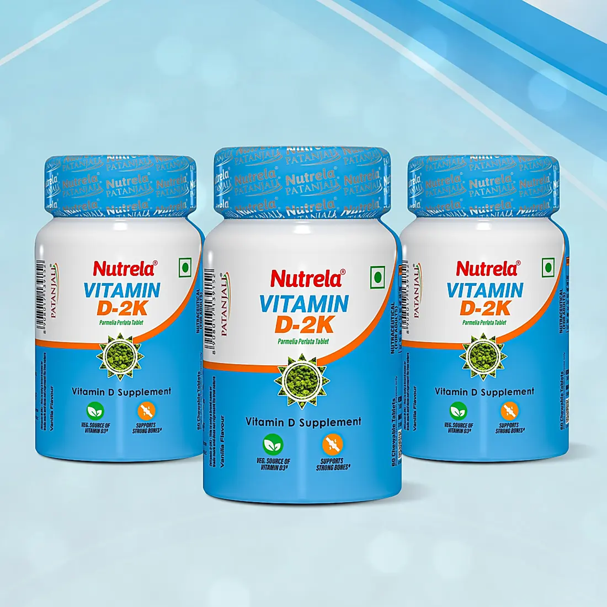 Patanjali  Nutrela Vitamin D-2K Natural - 60 Chewable Tablets for Men & Women - Vanilla Flavor (pack of 3)