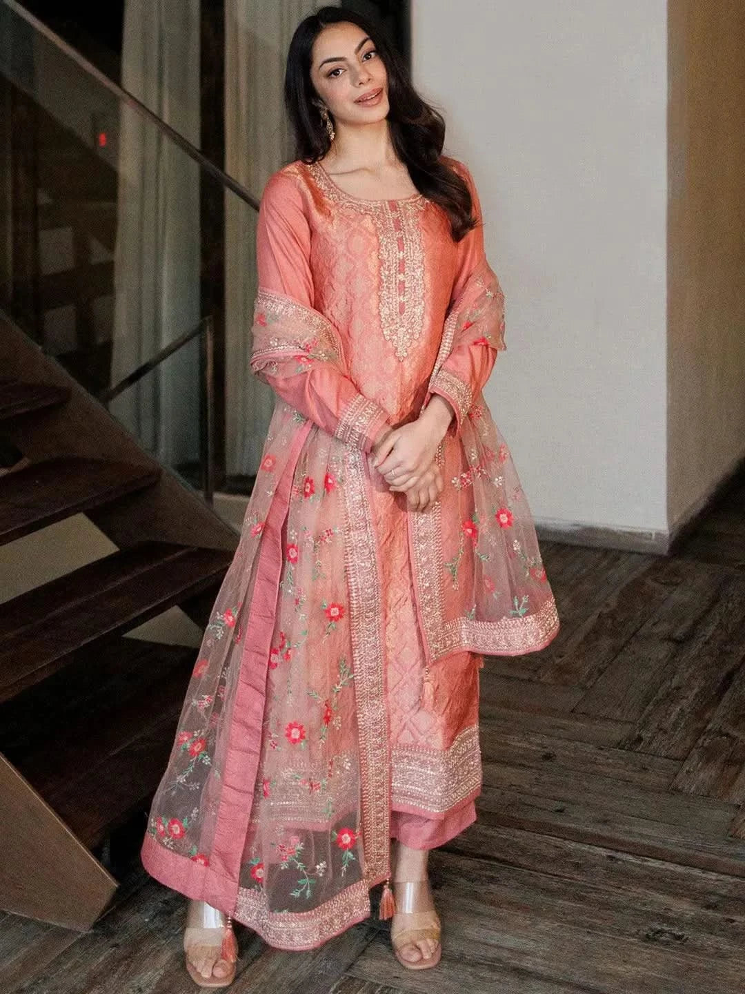 Peach Self Design Silk Blend Straight Kurta With Dupatta | Ready To Wear