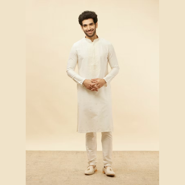 Manyawar Pearl White Bel Buti Embroidered Kurta Set