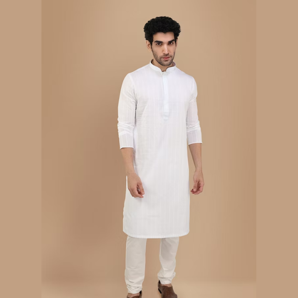 Manyawar Pearl White Self Striiped Kurta Set