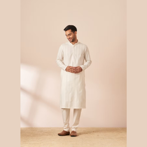 Manyawar Pearl White Self Striped Kurta Pajama - India shopping