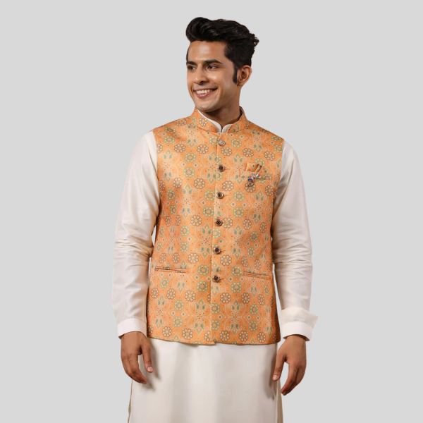 Print Waist Coat For Men | Mustard Color