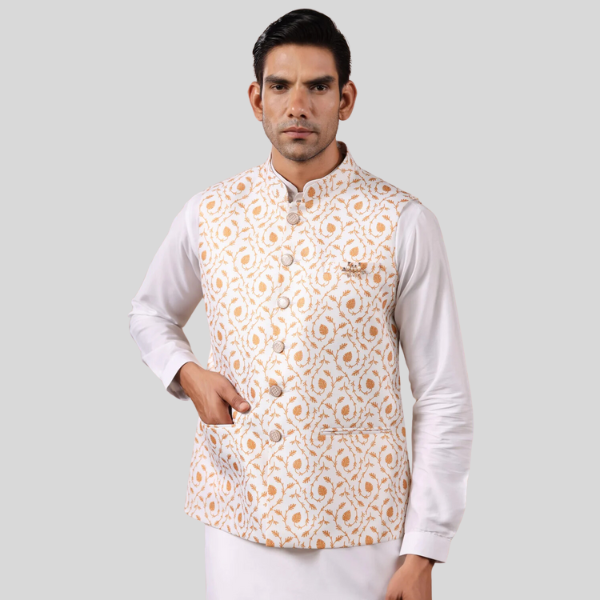 Print Waist Coat For Men | White Mustard