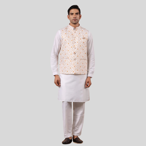 Print Waist Coat For Men | White Mustard