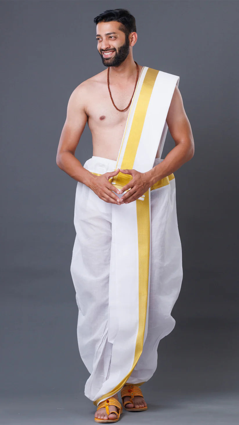 Latest Cotton White Dhoti with Uparana and 100k Jari Border