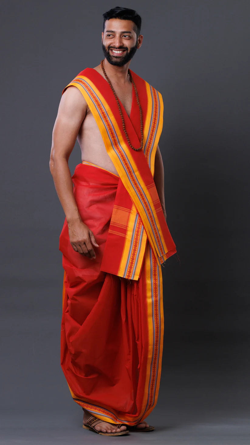 Traditional Cotton Red Dhoti Set With Uparana