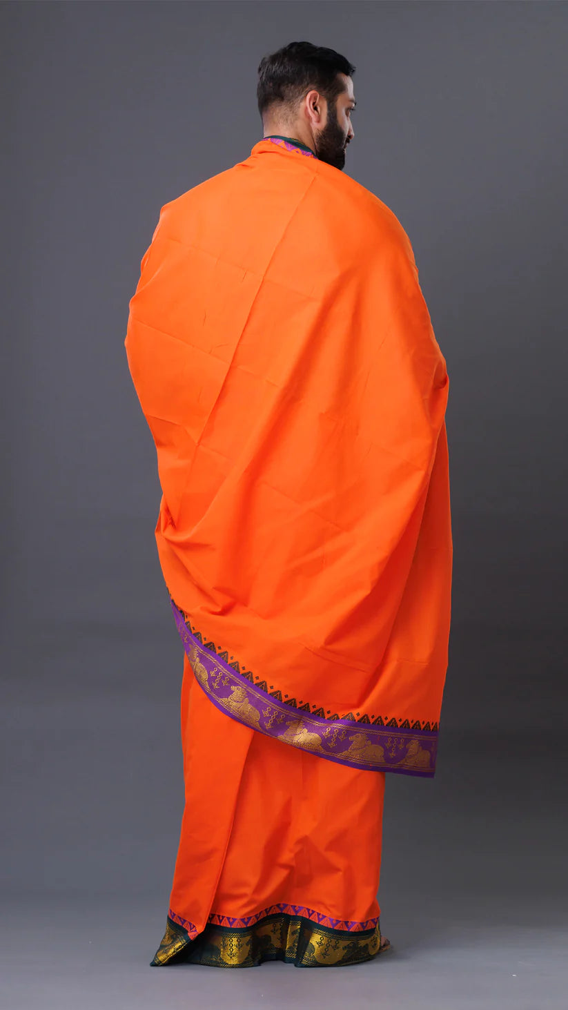 Big Border Premium Orange Cotton Dhoti & Uparana Set