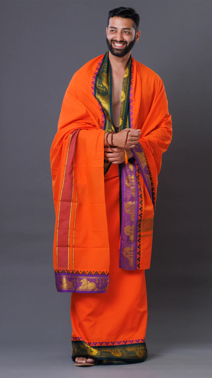 Big Border Premium Orange Cotton Dhoti & Uparana Set