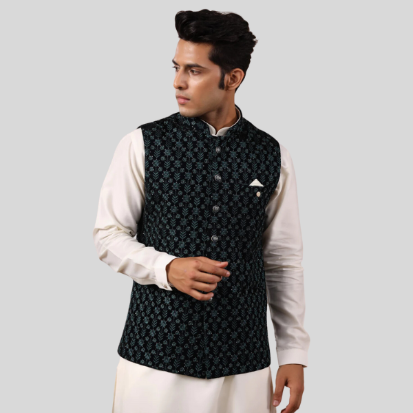 Rama Green Embroidery Waist Coat For Men