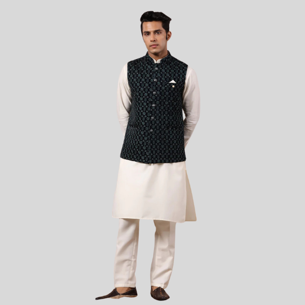 Rama Green Embroidery Waist Coat For Men