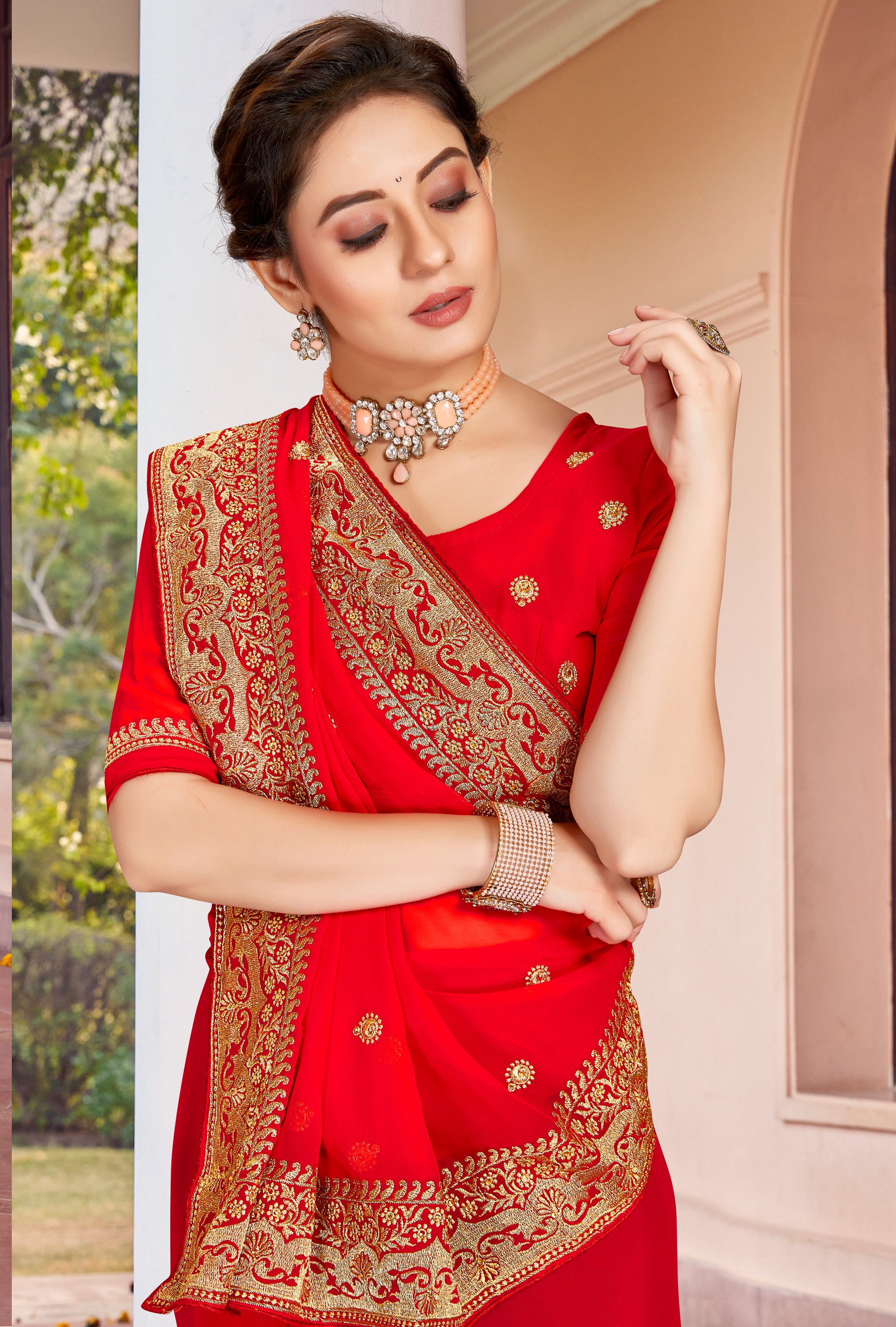 Red Heavy Jari Stone Work Ready-to-Wear Wedding Saree
