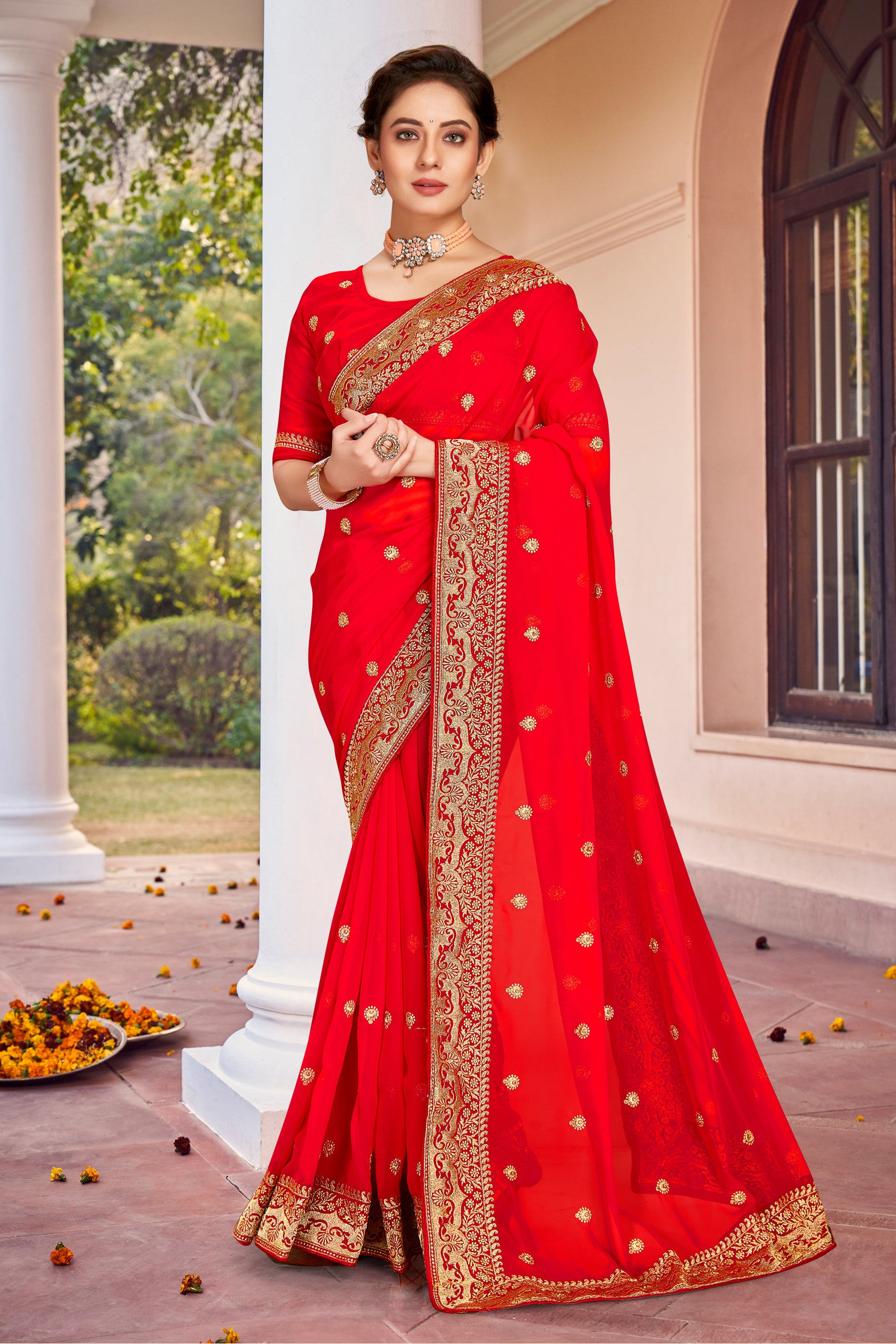 Red Heavy Jari Stone Work Ready-to-Wear Wedding Saree