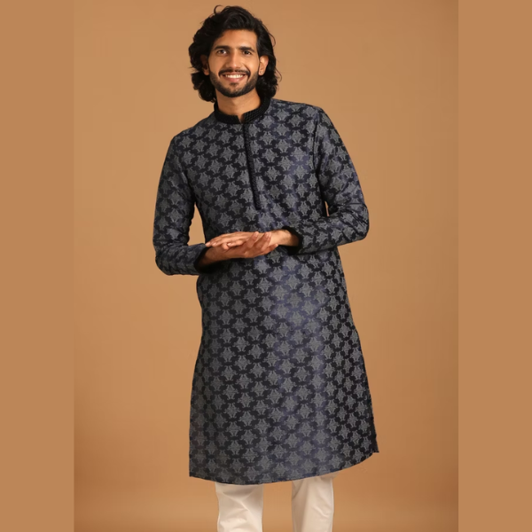 Manyawar Royal Blue Self Design Kurta Pajama - India shopping