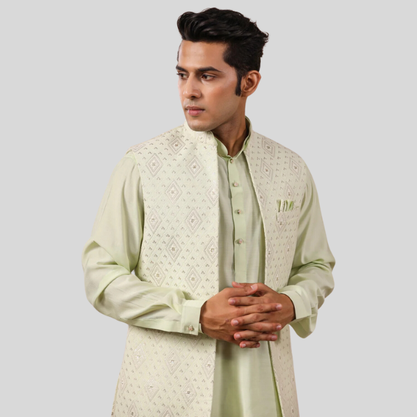 S Green Color Embroidery Long Jacket with Kurta- Pajama