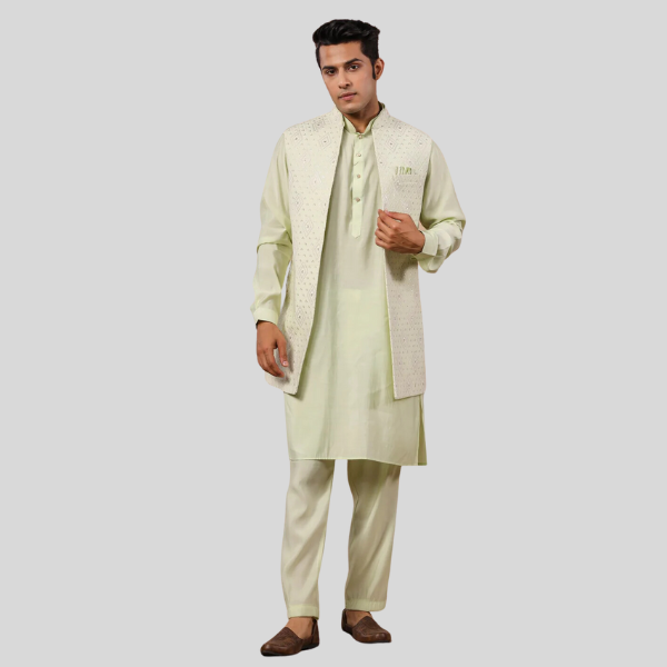 S Green Color Embroidery Long Jacket with Kurta- Pajama