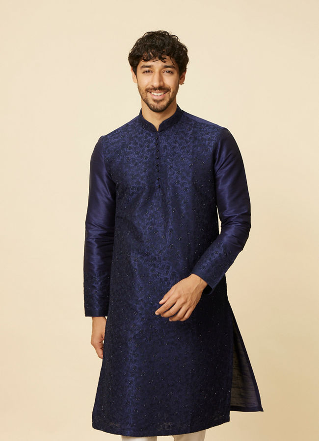 Manyawar Dark Blue Sequined Embroidered Bel Buti Patterned Kurta Set