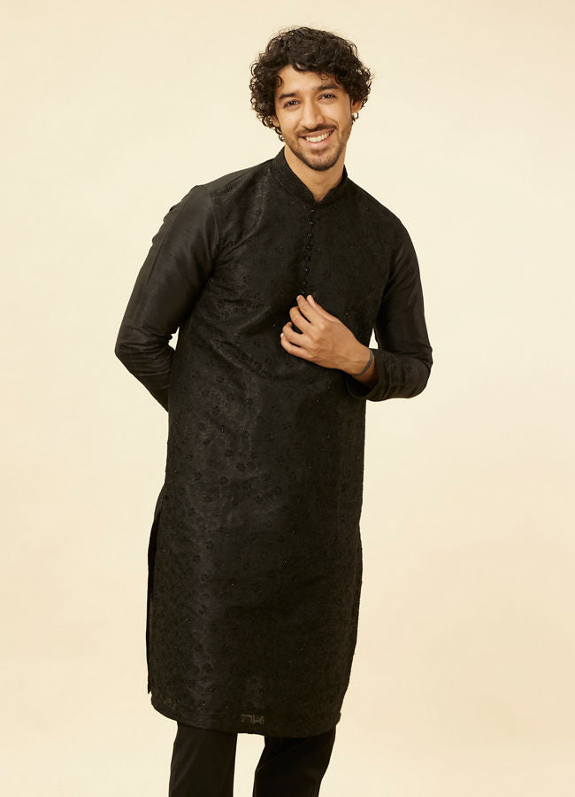 Manyawar Charcoal Black Bel Buti Patterned Kurta Set