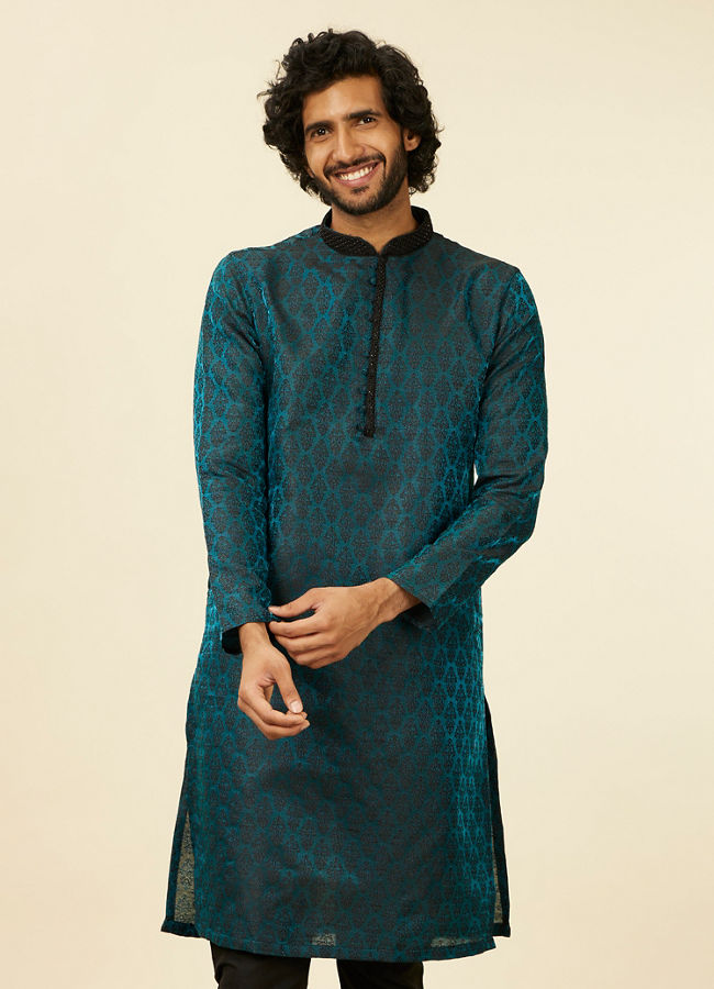 Manyawar Sapphire Blue Jacquard Kurta Set