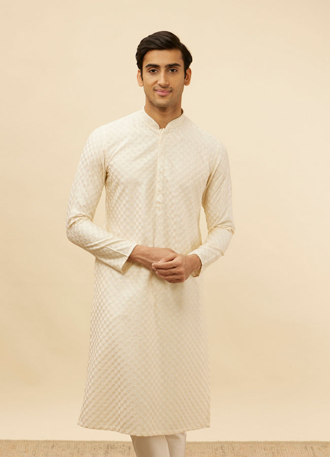 Manyawar Soft Cream Floral Jaal Patterned Kurta Set - India shopping