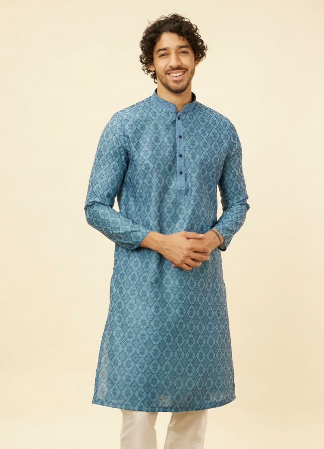 Manyawar Turquoise Blue Moroccan Print Kurta Set