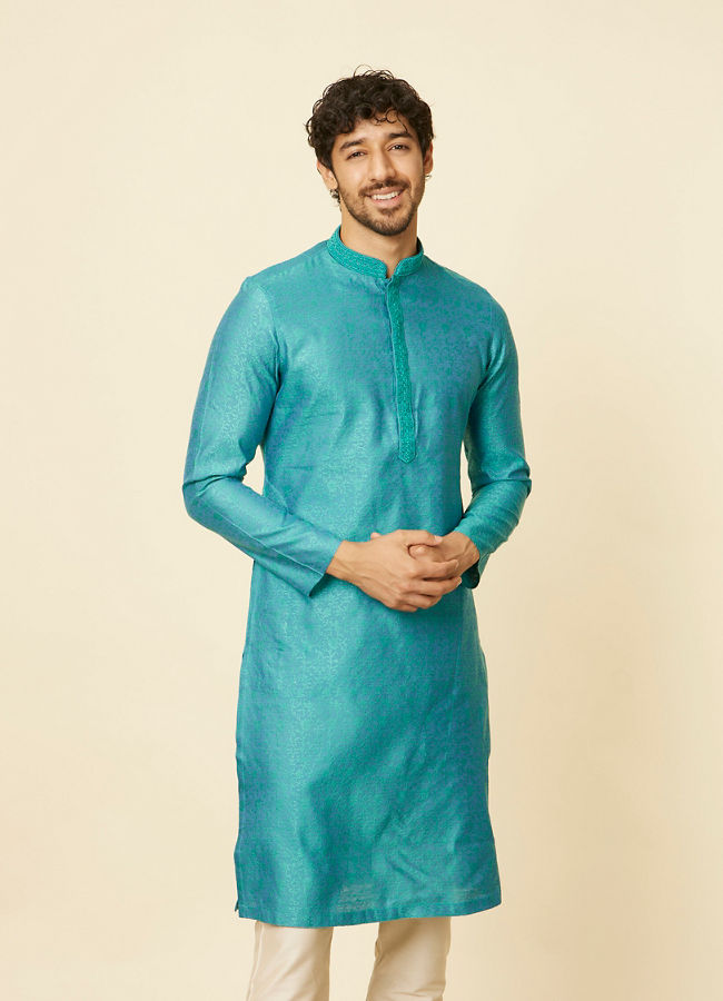 Manyawar Turquoise Blue Bel Buti Patterned Kurta Set - India shopping