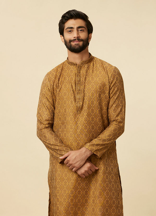 Manyawar Fawn Grid Patterned Kurta Set